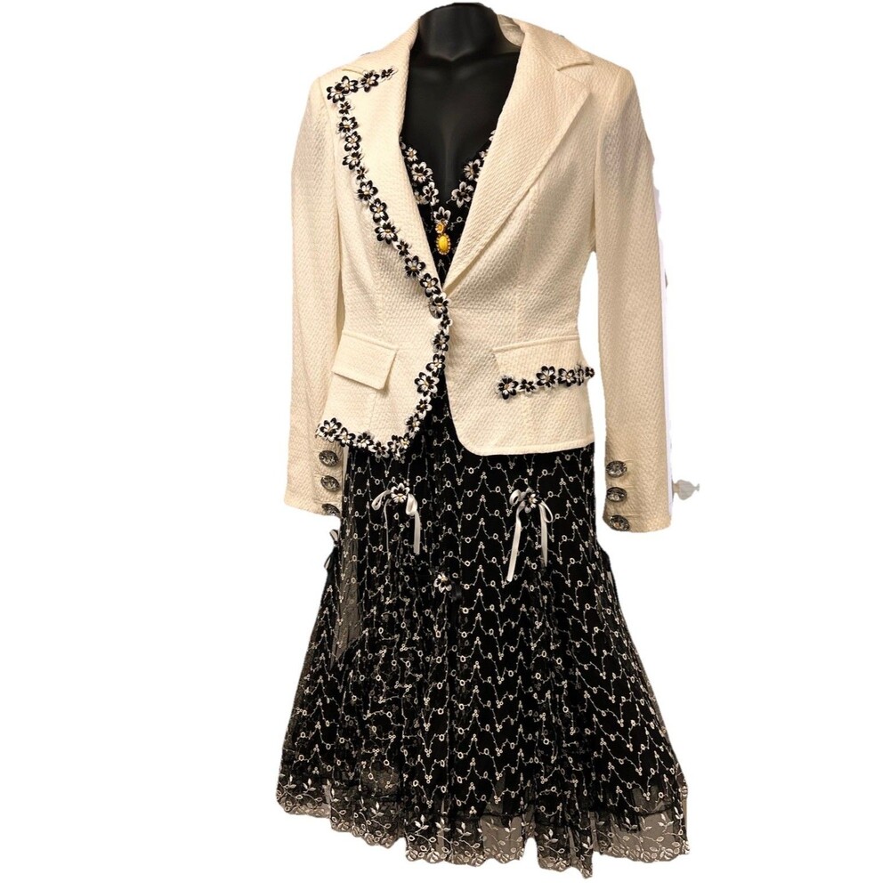 Maria Grazia Severi Dress & Jacket Daisy Black And White Petticoat Lined Crystal